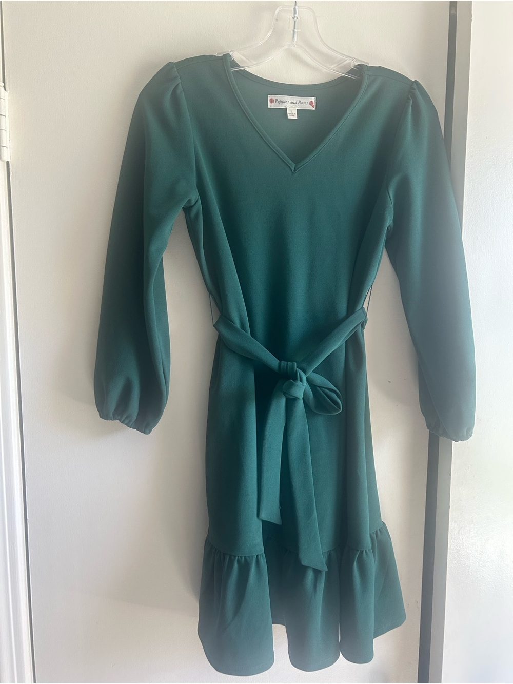 Girls Green V-Neck Belted Ruffle Hem Dress
